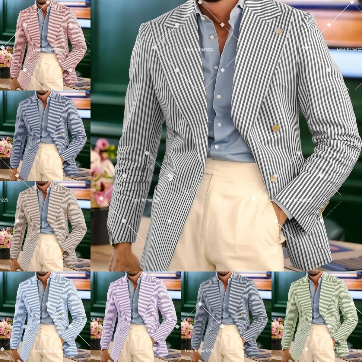 Seersucker Summer Men Suits Peak Lapel Custom Color Jacket Tuxedo Workwear