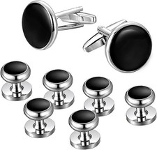 Mens Cufflinks and Studs Set Tuxedo Shirts Classic Black Silver Match for Busine