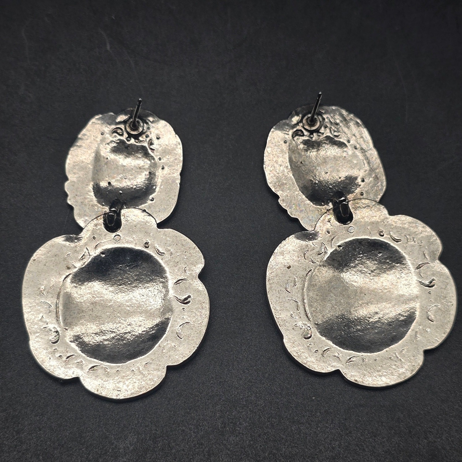 Silver Tone Repousse Earrings Large Statement Vin… - image 5