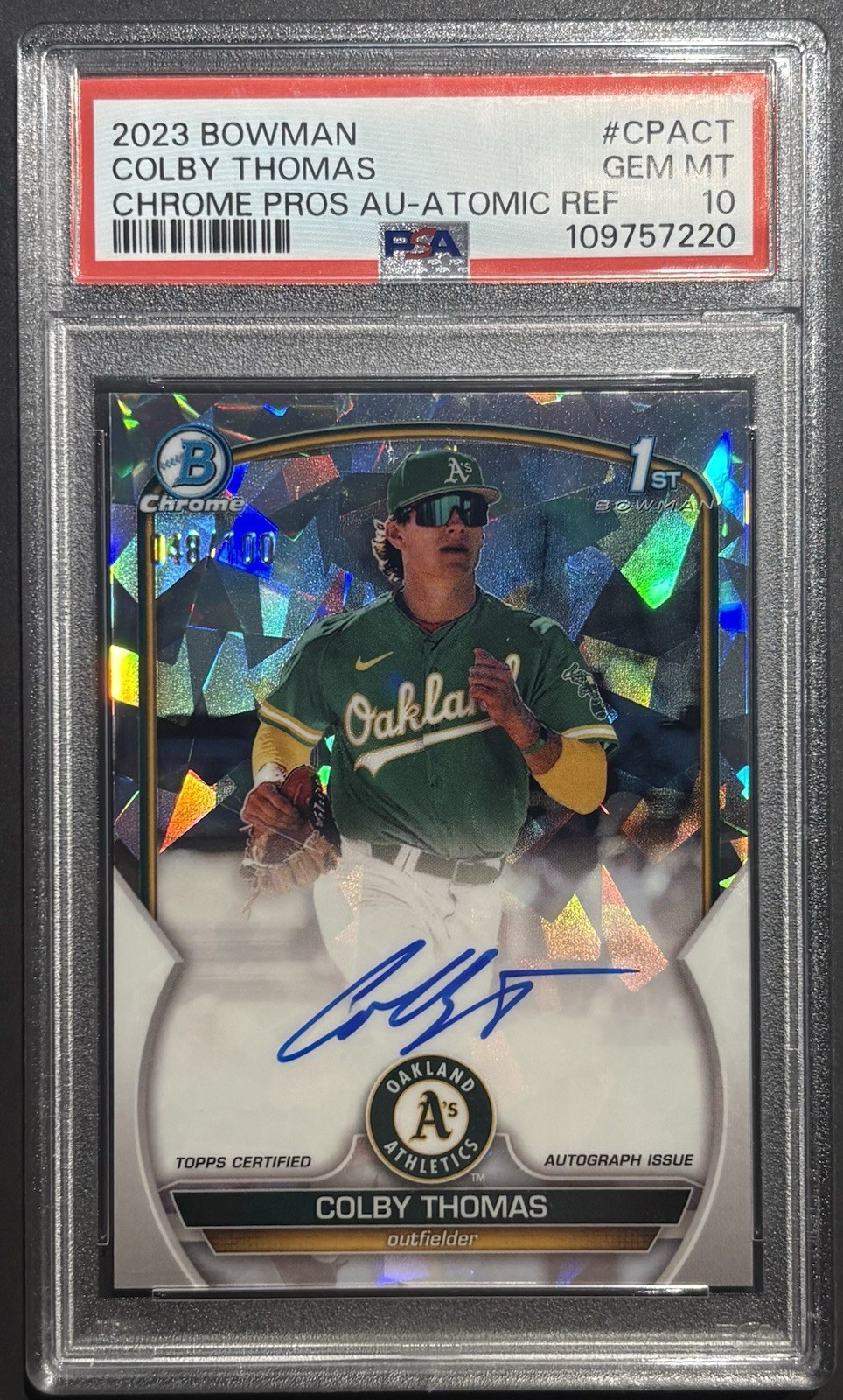 2023 Bowman Colby Thomas Atomic Refractor Auto /100 Psa 10