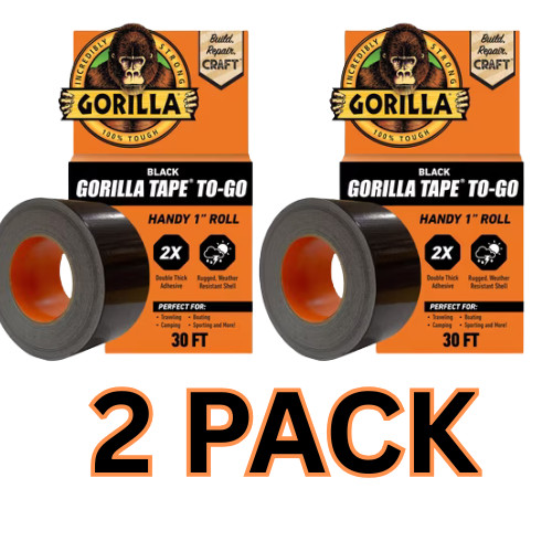 (2 pack) Gorilla Black Duct Tape to-Go, 1 in x 30 ft Single Roll
