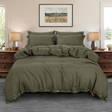100 Pure Linen Olive Green Duvet Cover 2 Pillow Cover Softened Bedding Set.