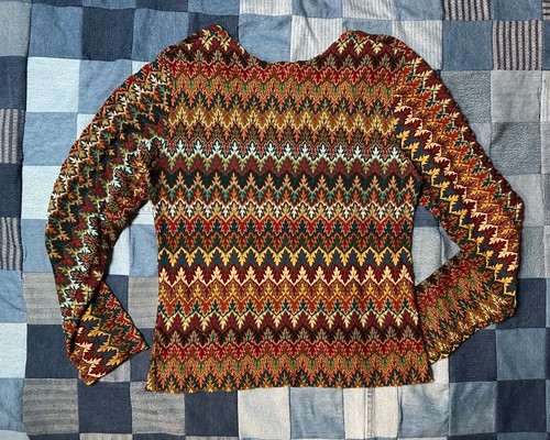 Vintage 70s Boho Flame Stitch Rib Knit Scoop Neck Stretch Sweater Top Size M USA - Picture 7 of 12