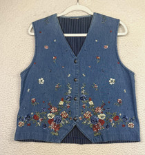 Embroidered Denim Vest Womens Medium Cottagecore Grandmacore Floral Western Boho