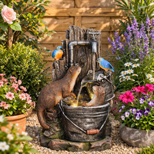 Garden Water Feature Outdoor Otters Kingfishers LED Lights Tap Buckets Fountain