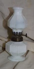 Miniature Milk Glass Kerosene Lamp Mission Octagon Pattern, w/ Burner & Chimney