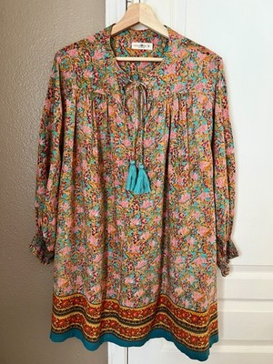 Natural Life Dara Floral V-Neck Tassel Tie Boho Tunic Dress  Women's Size M
