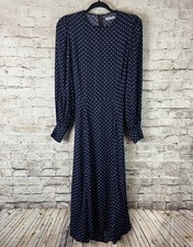 Reformation Size 6 Abigale Long Sleeve Open Back Polka Dot Dress Navy Blue Pink
