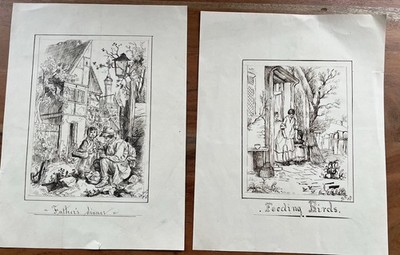 19th Century Sketch Drawings Ink Paper Signed 1873 Village Life X2