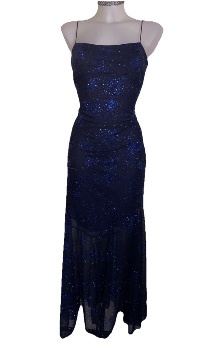 VTG 90s Womens Dark Blue Glittery Mesh Stretchy Grunge Prom Maxi Slip Dress Sz S