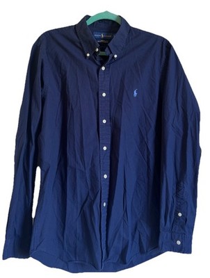 Youth Ralph Lauren Navy Cotton Button Up Long Sleeve Shirt Sz L Slim Fit Stretch