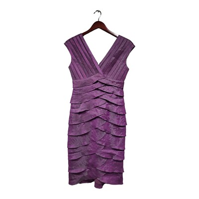 Adrianna Papell Purple Shutter Pleat V Neck Dress Size Shimmer