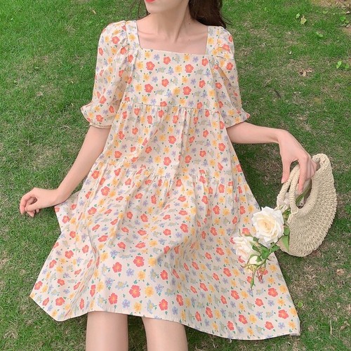 Women Girl Floral Dress Short Puff 