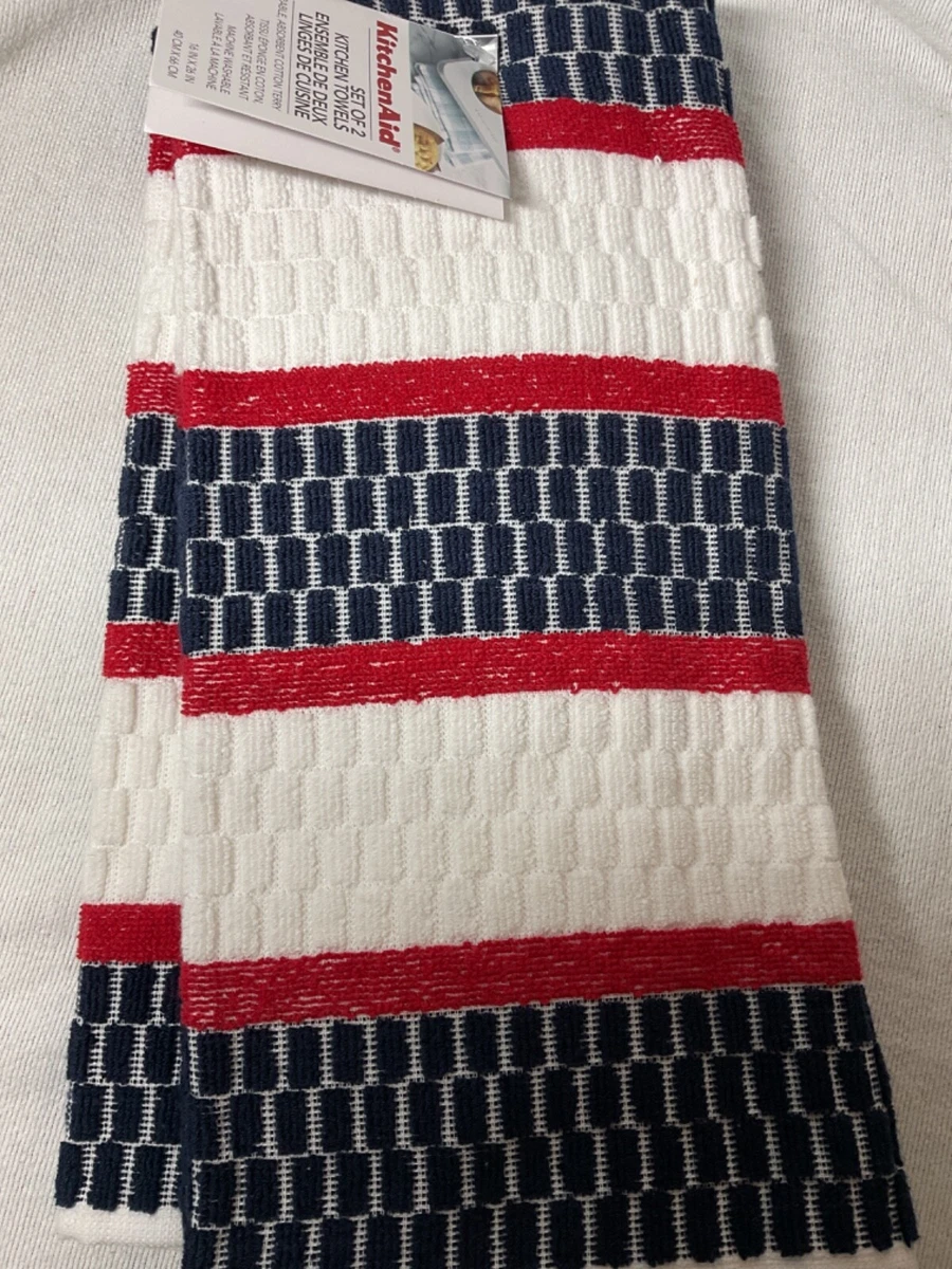 KITCHEN AID KITCHEN TOWELS (2) RED WHITE BLOCKS 100% COTTON NIP