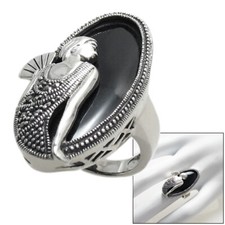 925 Sterling Silver 35mm Oval Onyx Marcasite Lovely Lady Ring Size 5-9