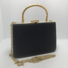 Vintage Black Satin with Crystal Embelishments Gold Chain Purse or Clutch