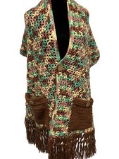 VTG Handmade Knit Crochet Poncho Fringe 70s Granny Brown One Size Cottage Core