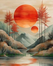 Surreal Sunset with Serene Mountain AI Digital Image 8x10 100% Cotton Paper S1
