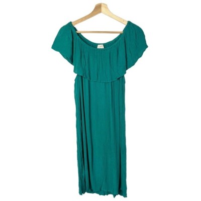 loft emerald green dress Off Shoulder Gauze Midi M trade-wedding-guest-dresses