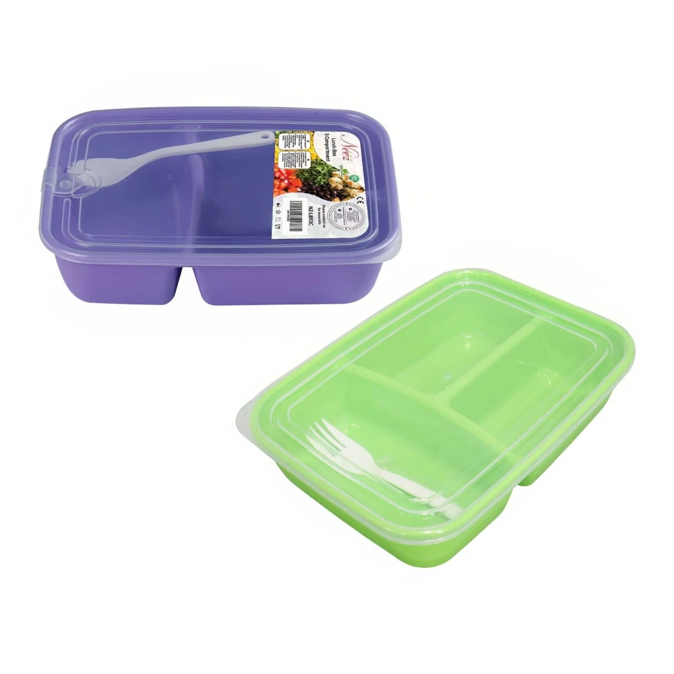 NEEZ Porta Pranzo-3 Scomparti Lunch Box con Cucchiaio (1400ml)Snack Box Verde & Viola