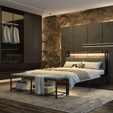 Full Queen Heavy Duty Metal Bed Frame with Shelf Charging Station and Bench