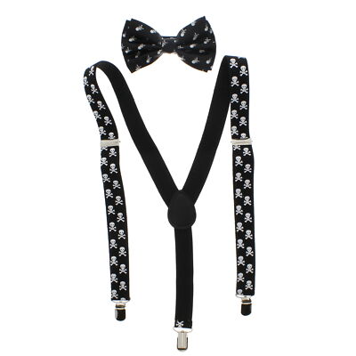 Zac's Alter Ego  Men's Matching Skull & Crossbones Suspenders & Pre-Tied Bow Tie