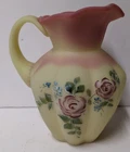 Fenton Glass Burmese Melon Pitcher Ewer Hand Painted Lavender Roses 5 1/2" Tall