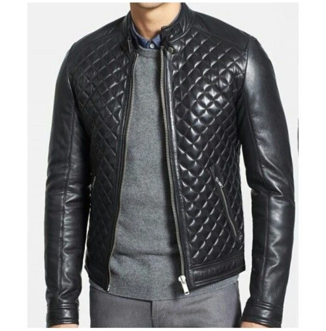 Men's Genuine Lambskin Leather Quilted Puffer Jacket Biker Motorcycle Real Coat