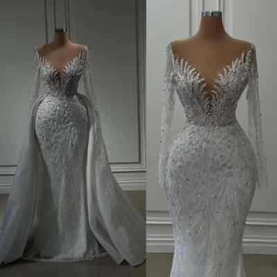 Bead Appliques Mermaid Wedding Dresses Long Sleeve Detachable Train Bridal Gowns