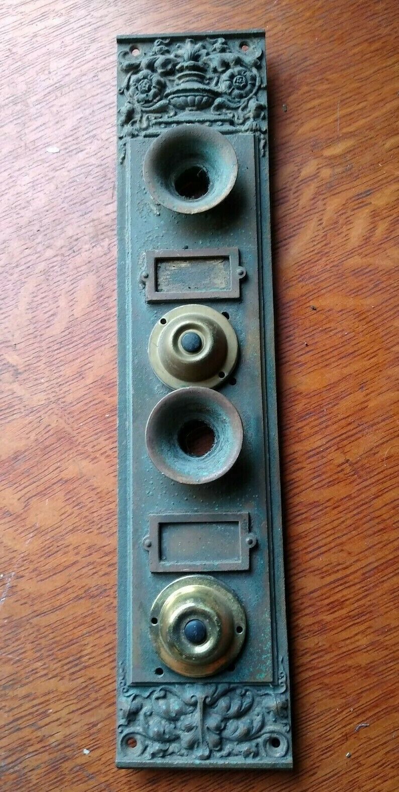 Antique Fancy Victorian Bronze Entrance Dual Doorbells with Speaking Tubes c1880