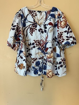 Talbots Floral Tie-waist Peplum Top Botanical Print 100%Cotton Women s 2X