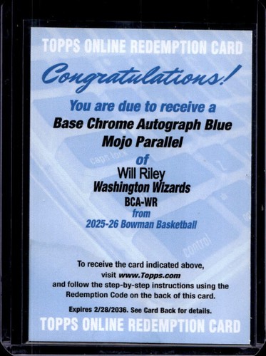 2025-26 Bowman Will Riley Chrome Auto Blue Mojo Refractor RC #/150 Wizards