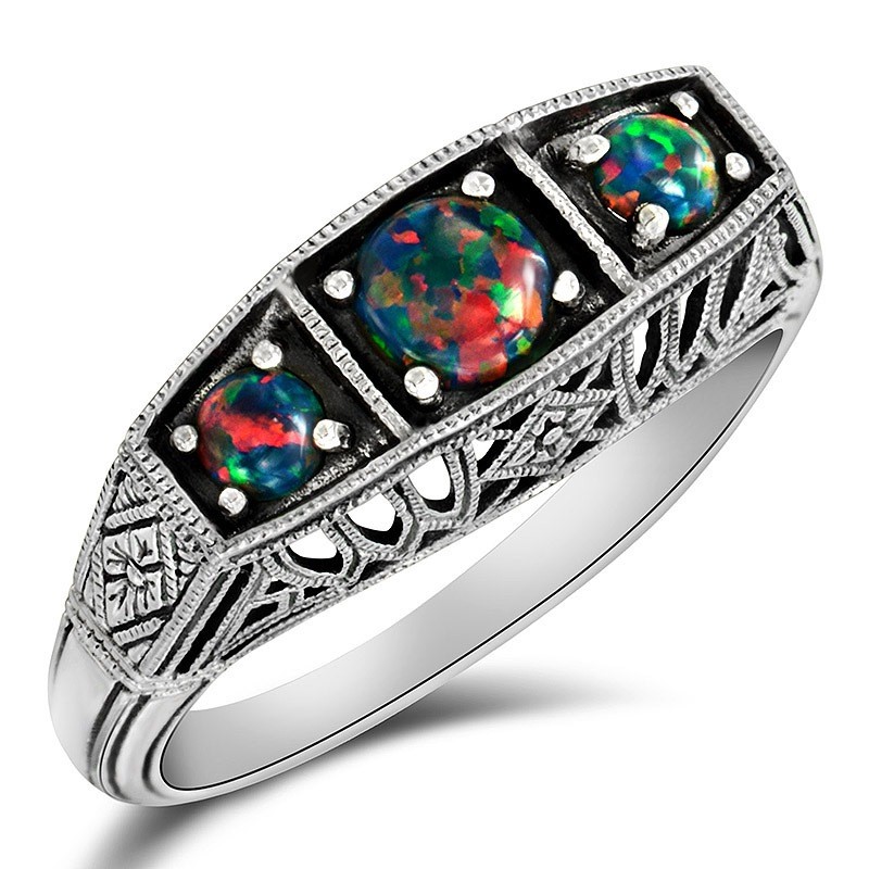 1CT  Red Fire Opal 925 Sterling Silver Art Deco Ring Sz 9 F5-2
