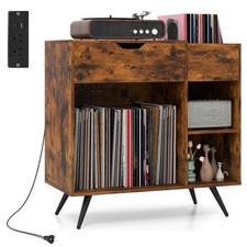 Record Player Stand with Power Outlet, Drawer, Removable Divider Industrial