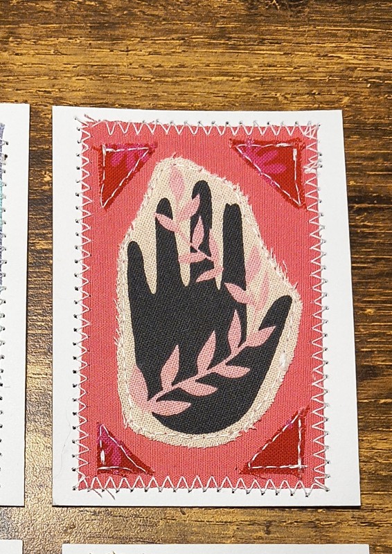 Aceo Original Fabric Collage Hand Series 2 Pink Black And Red With Vine