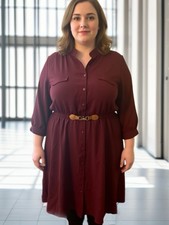 Always Indigo 3X Burgundy Belted Collared Shirt Dress Button Front Knee Length