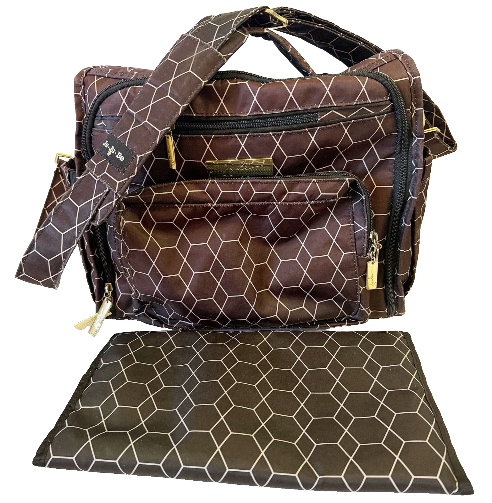 JuJuBe BFF Baby Diaper Bag Brown Geometric Design Tote Changing Mat Travel