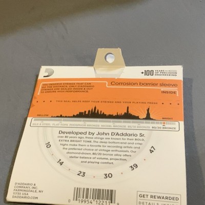 D'Addario 80/20 Bronze Acoustic Guitar Strings EJ10 0.010 Gauge 6 Strings