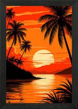Tropical Sunset with Palm Trees Framed Wall Art Poster Canvas Print Picture