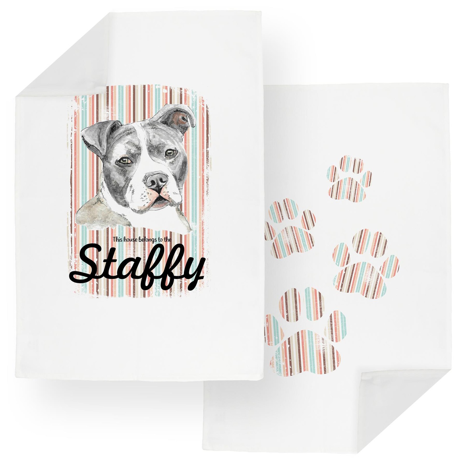 Staffy Tea Towel Set - Novelty Dogs & Paw Prints Kitchen Linens Gifts