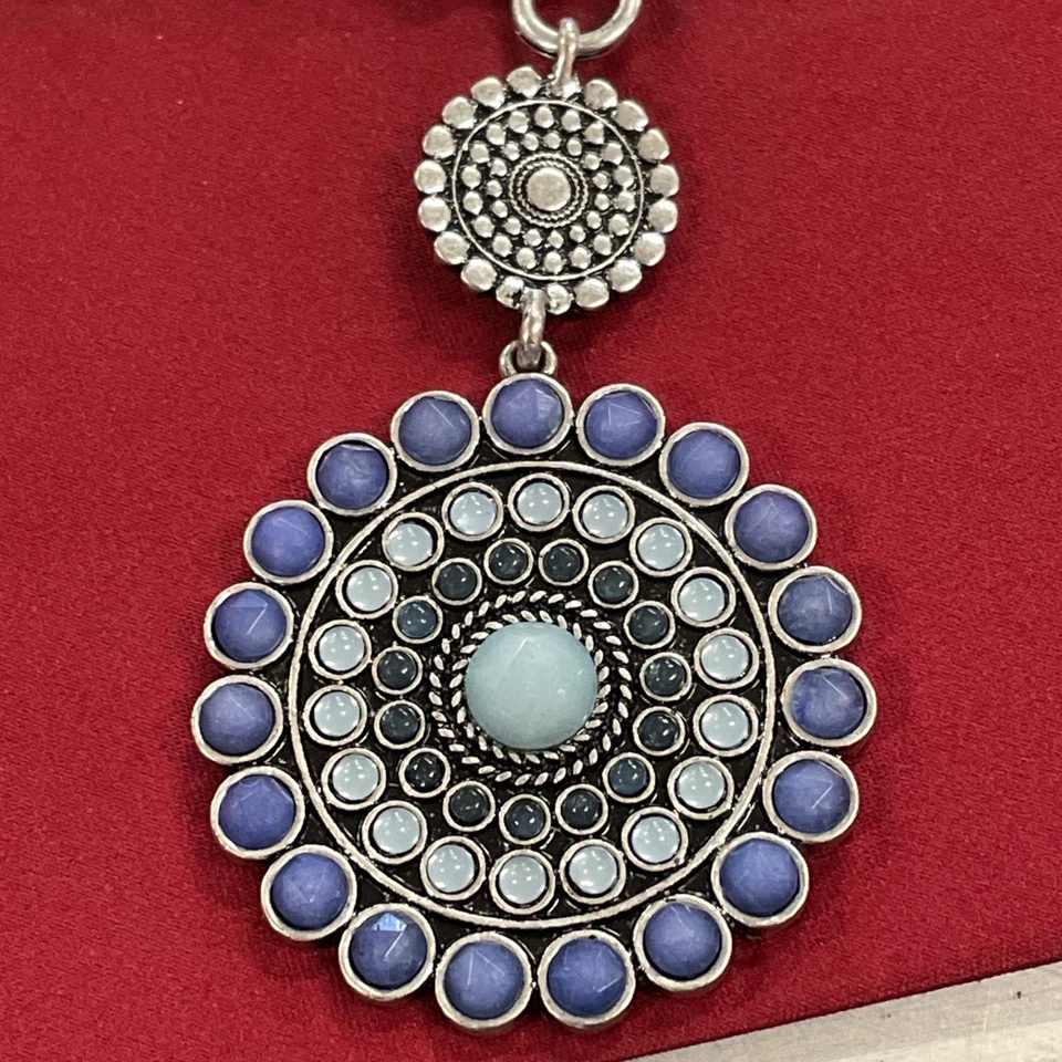 Lucky Brand Round Silver Toned & Blue Pendant Black Rope 28” Necklace NWT - Image 3 of 4