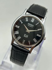 Vintage Seiko Slim Men's Wrist watch-Black Roman Dial -Leather Strap