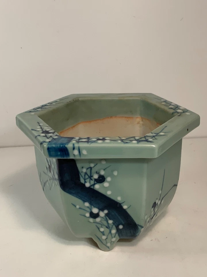 Antigua maceta bonsái Celadon verde cerámica pintada a mano flores de cerezo 7" Foto 2 de 4