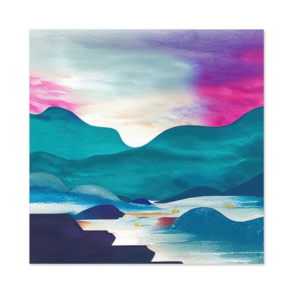 River Landscape Hills Sunset Watercolour Wall Art Canvas Print Picture 24X24-image