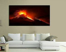QUADRI MODERNI TELA ARTE PAESAGGIO 100X50 VULCANO ERUZIONE LAVA VESUVIO ETNA