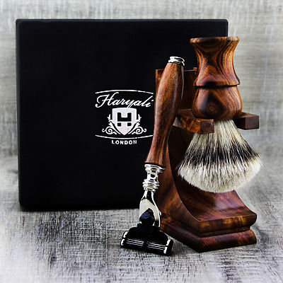 Wooden Shaving Gift Set Sliver Tip Badger Hair & Cartridge Razor Made in ENGLAND