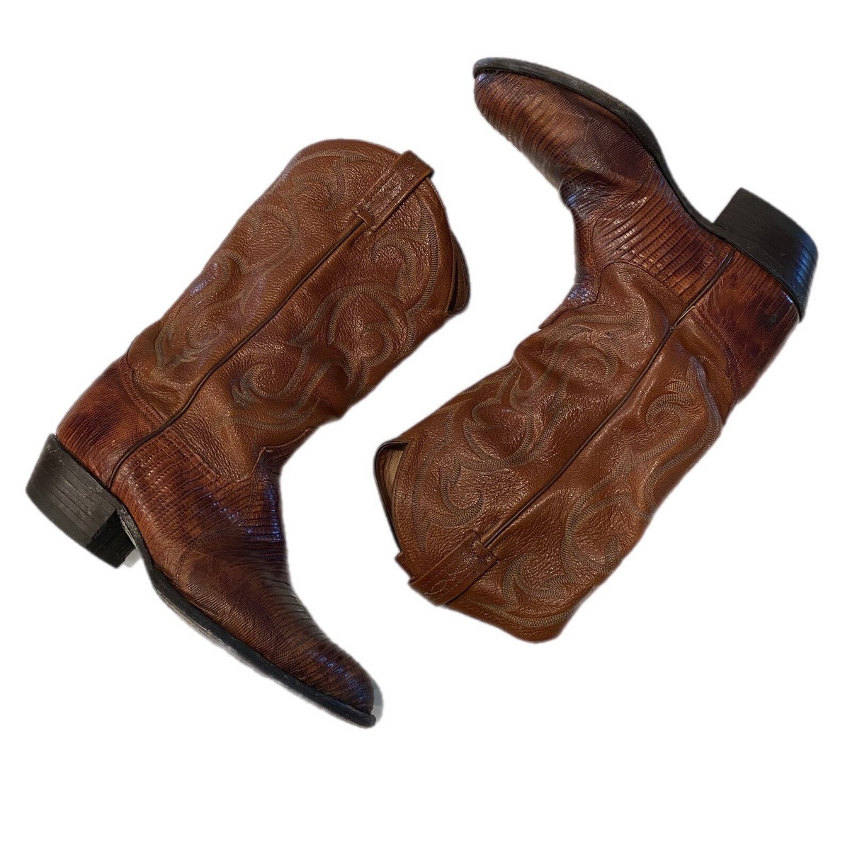 TONY LAMA PEANUT BRITTLE TEJU LIZARD & LEATHER R TOE COWBOY BOOTS  