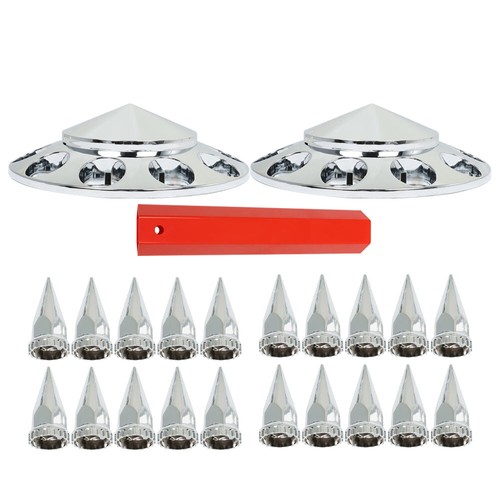 Front Hub Cover Set Chrome Semi Truck Wheel Cover 33mm Nut Covers Spiked - Picture 3 of 11