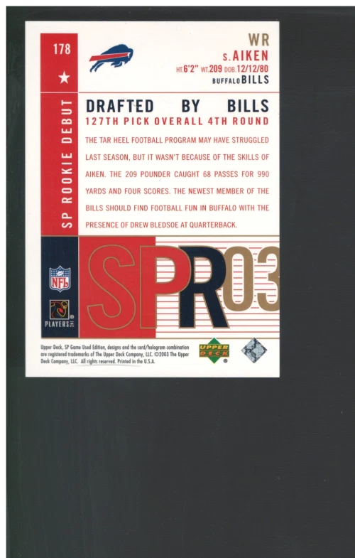 A9638- 2003 SP Game Used Edition Gold Rookies #178 Sam Aiken /50 - NM-MT - Image 2 of 2