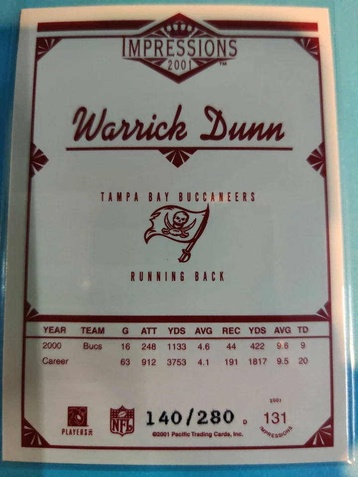 2001 Pacific Impressions Warrick Dunn #131 Hobby Red Backs Parallel /280 - Image 2 of 4